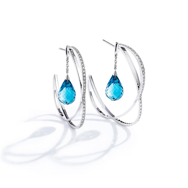 London blue topaz & diamond hoop earrings in 18k white gold | Alessandra Lapeschi 